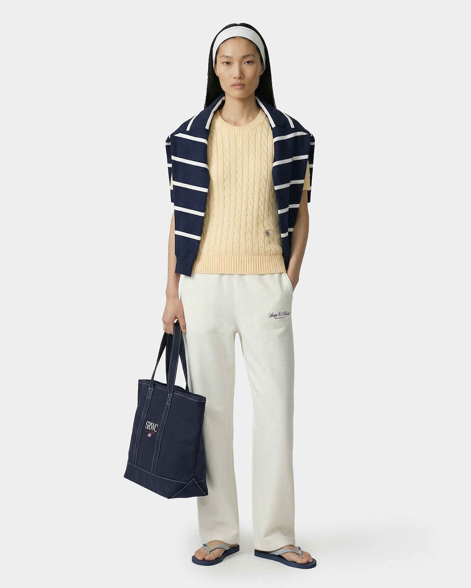 Pantalon de survêtement large brodé Vendome LA - Écru/Bleu marine