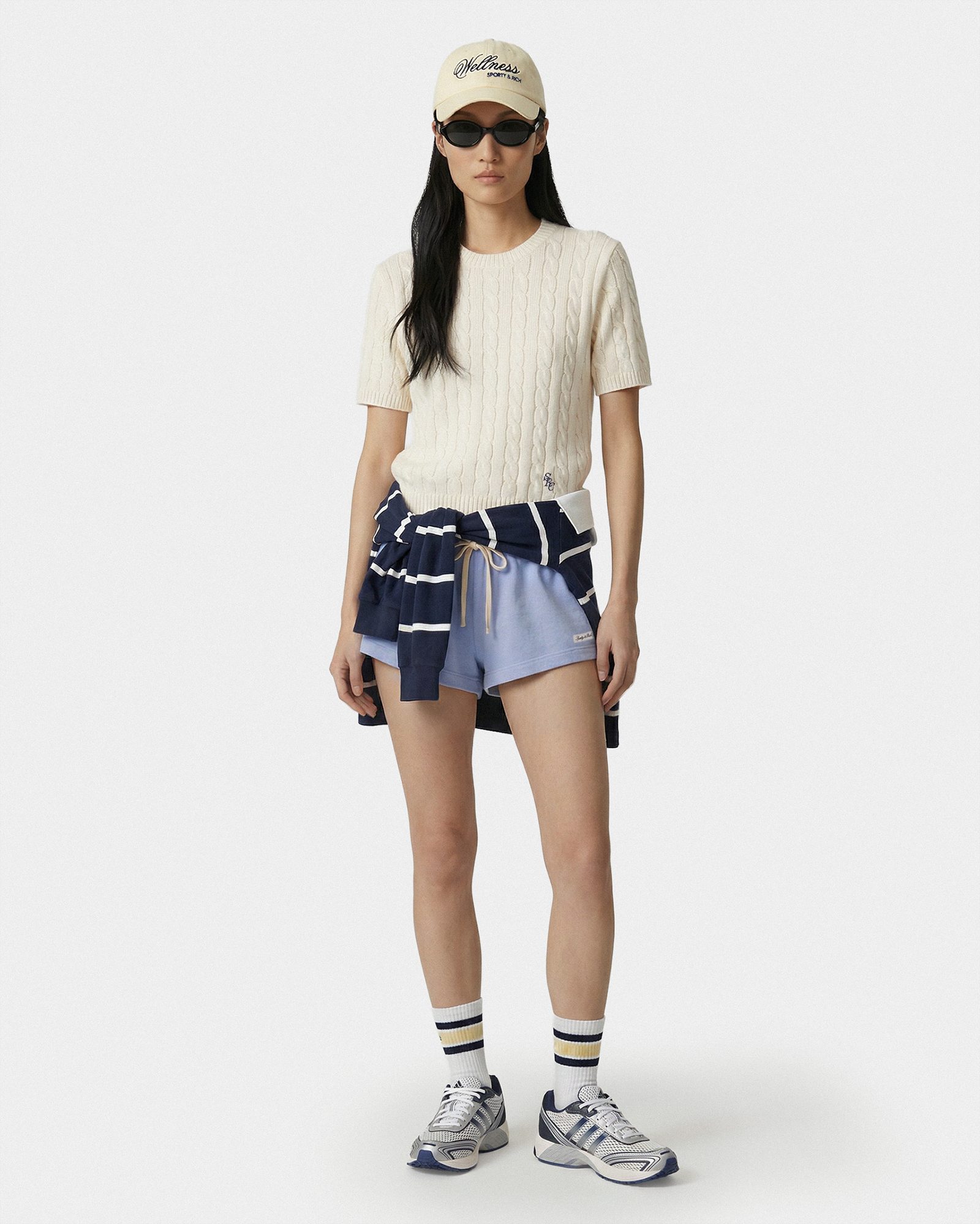 Pull en coton SRC à mailles torsadées - Écru/Bleu marine