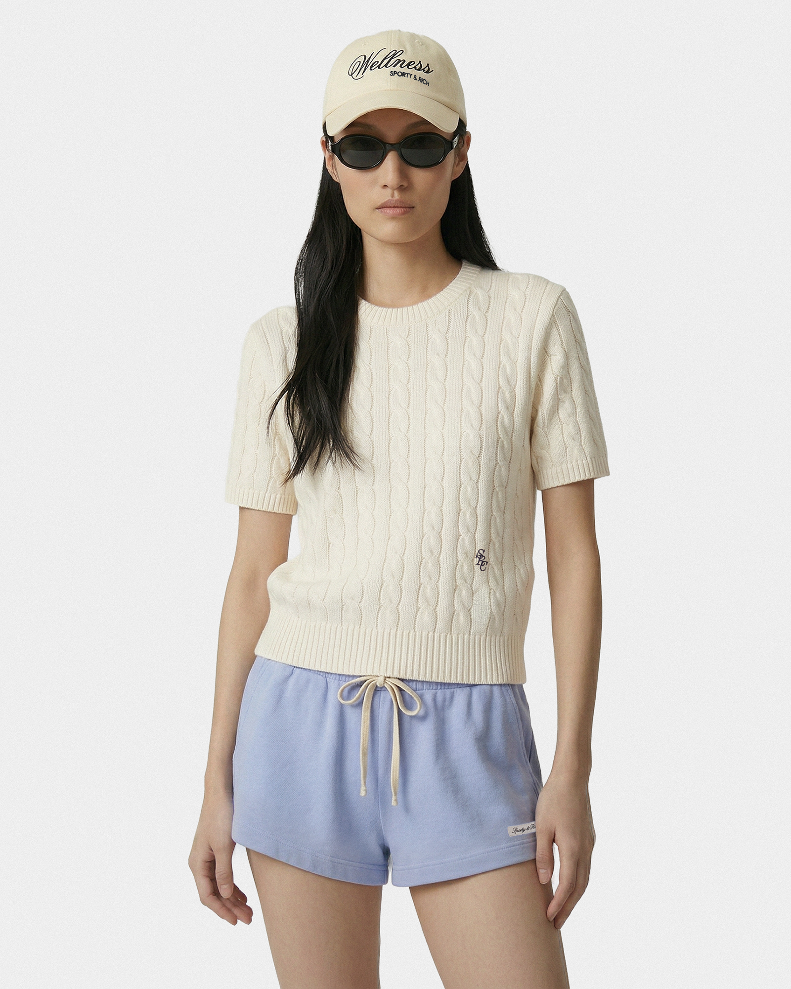 Pull en coton SRC à mailles torsadées - Écru/Bleu marine