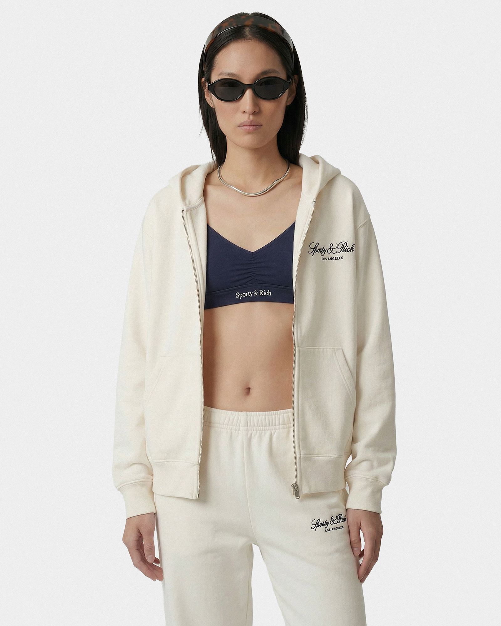 Sweat à capuche zippé brodé Vendome LA - Écru/Bleu marine