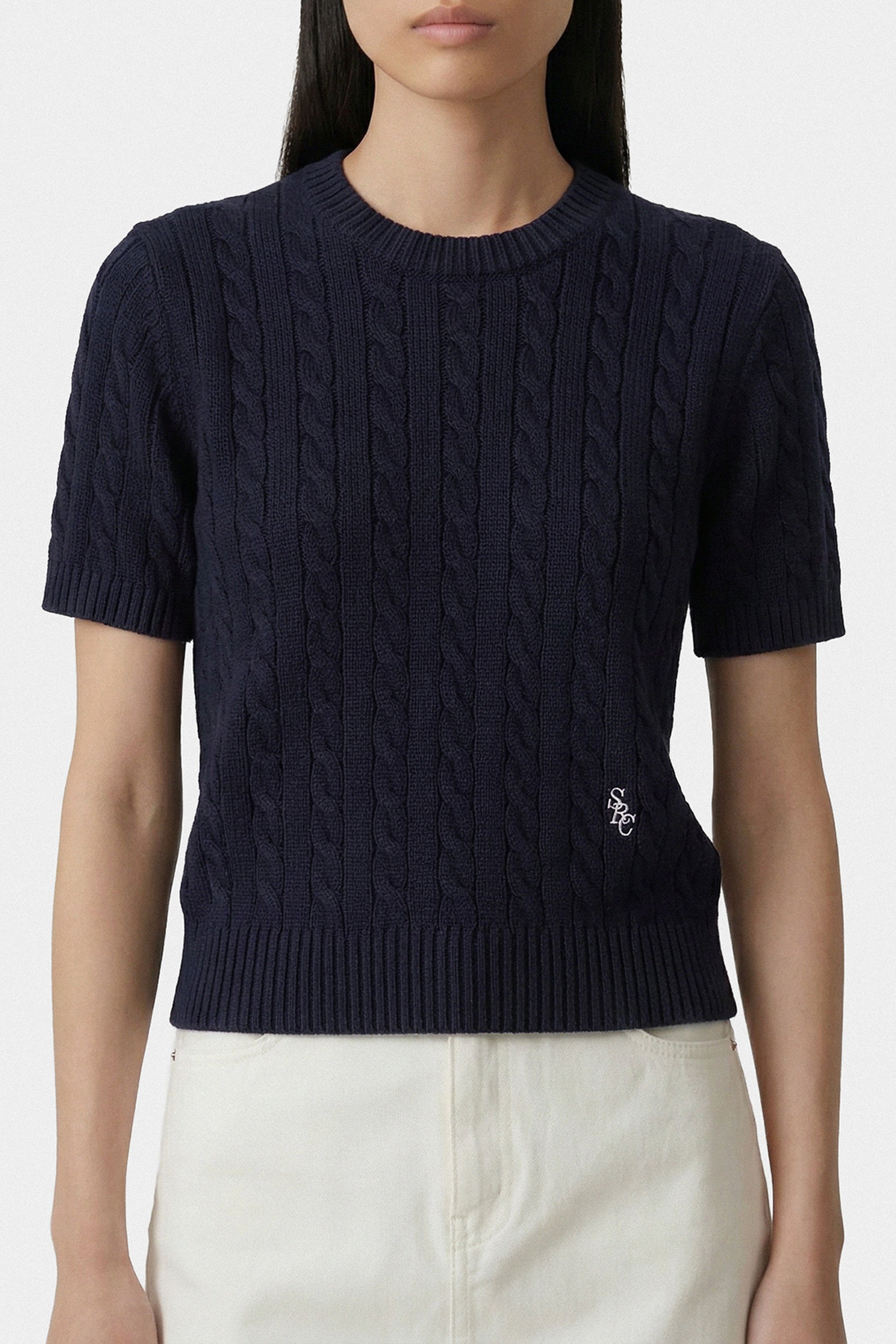 Pull SRC à mailles torsadées - Bleu Marine & Blanc
