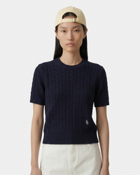 Pull SRC en coton à mailles torsadées - Bleu marine/Blanc