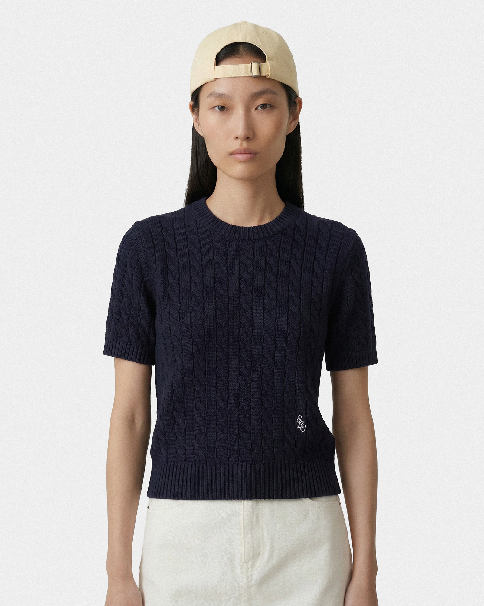 Pull SRC en coton à mailles torsadées - Bleu marine/Blanc