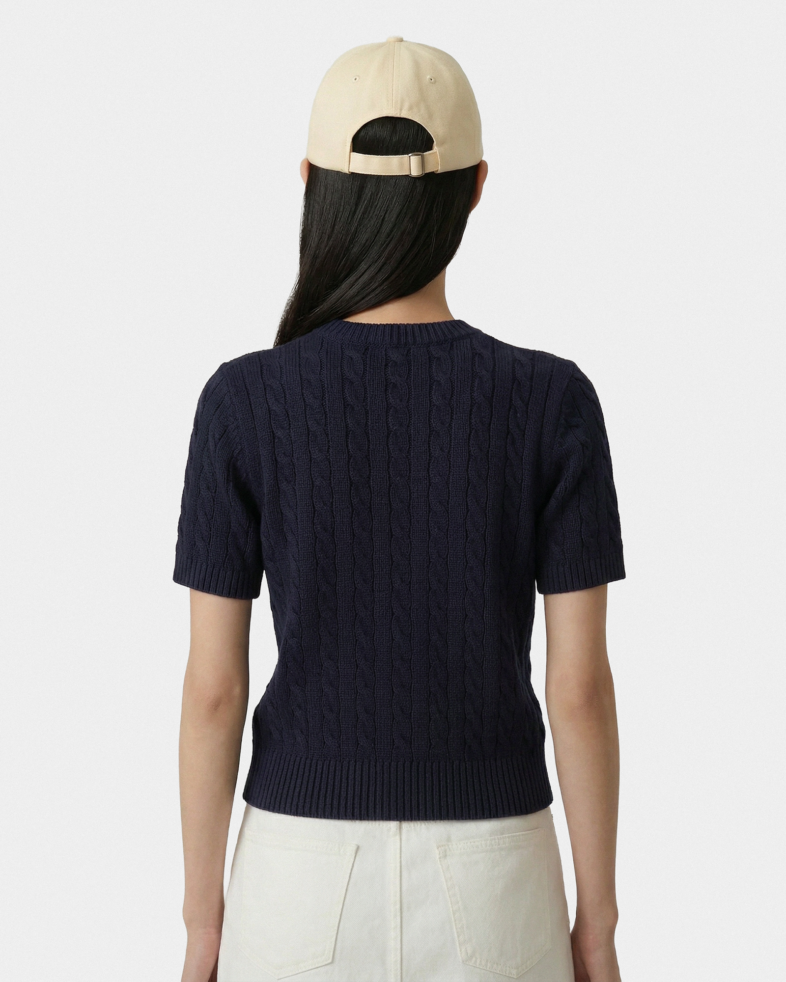 Pull SRC en coton à mailles torsadées - Bleu marine/Blanc