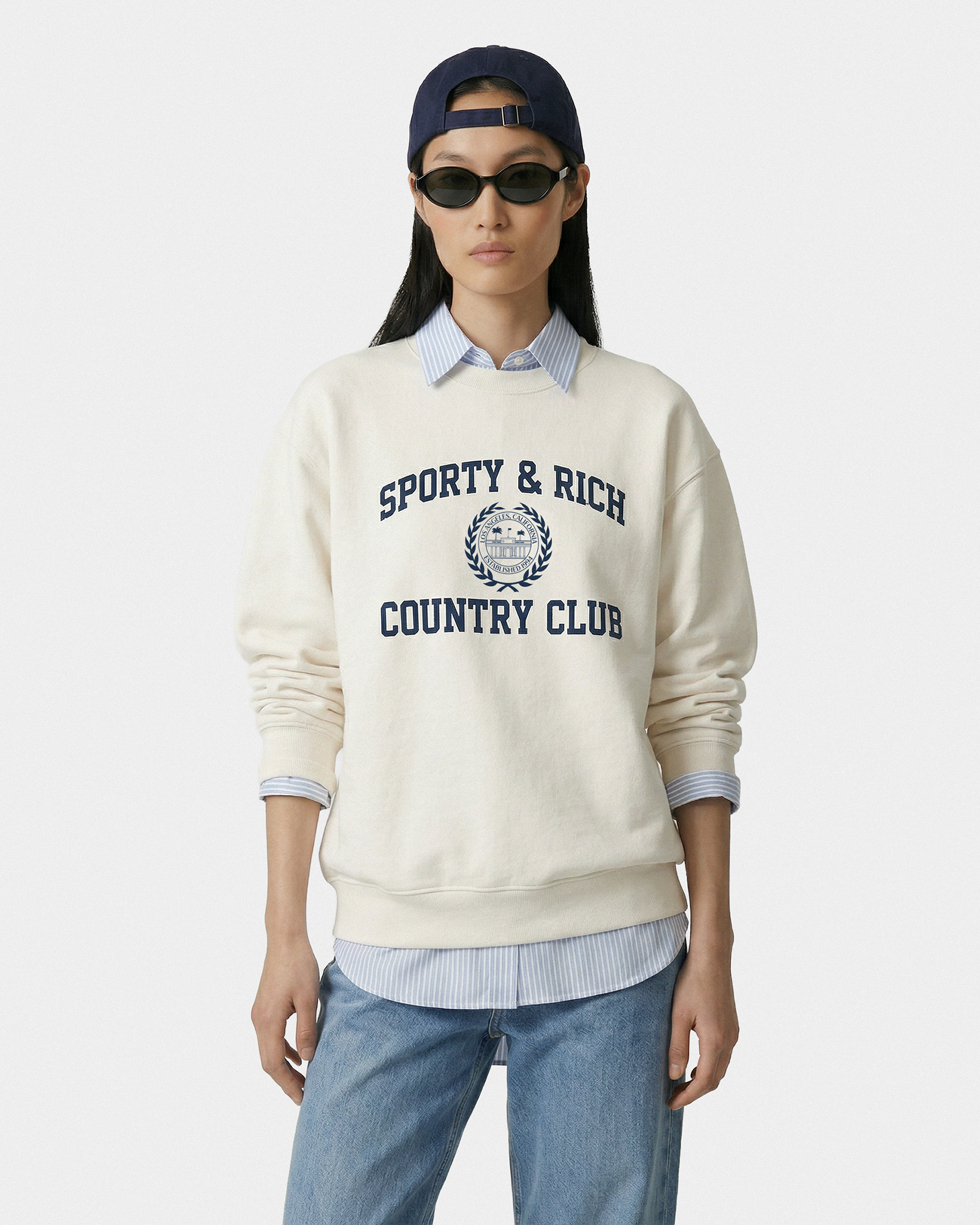 Pull à col rond « Varsity Crest » - Écru/Bleu marine