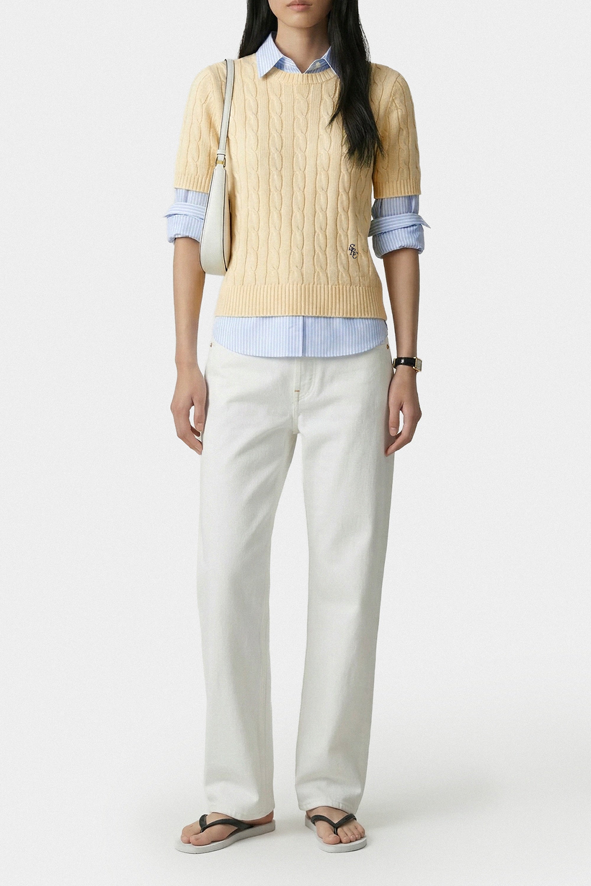 Pull SRC à mailles torsadées - Amande & Bleu Marine
