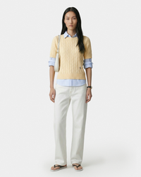 Pull en coton SRC à mailles torsadées - Amande/Bleu marine