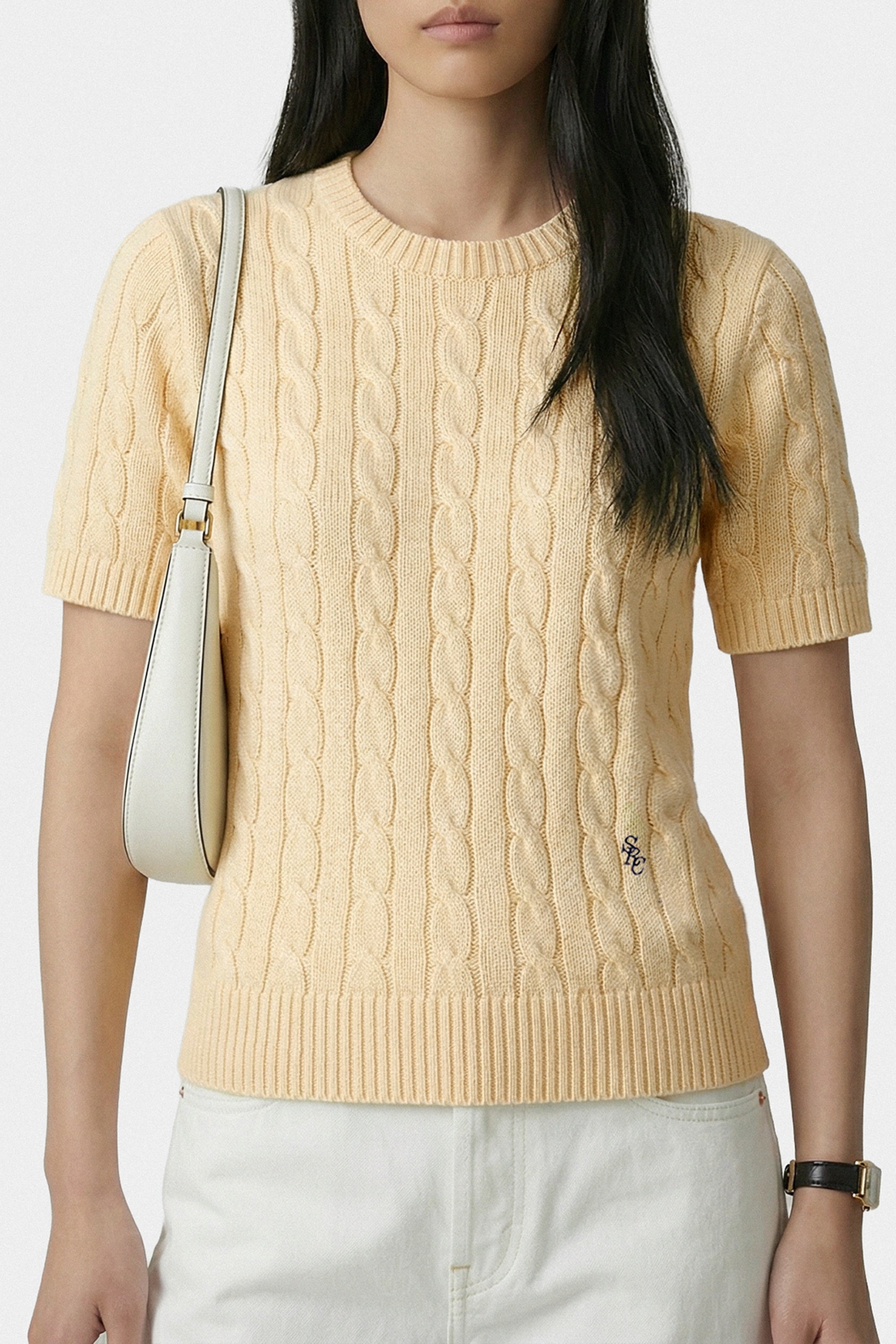 Pull SRC à mailles torsadées - Amande & Bleu Marine