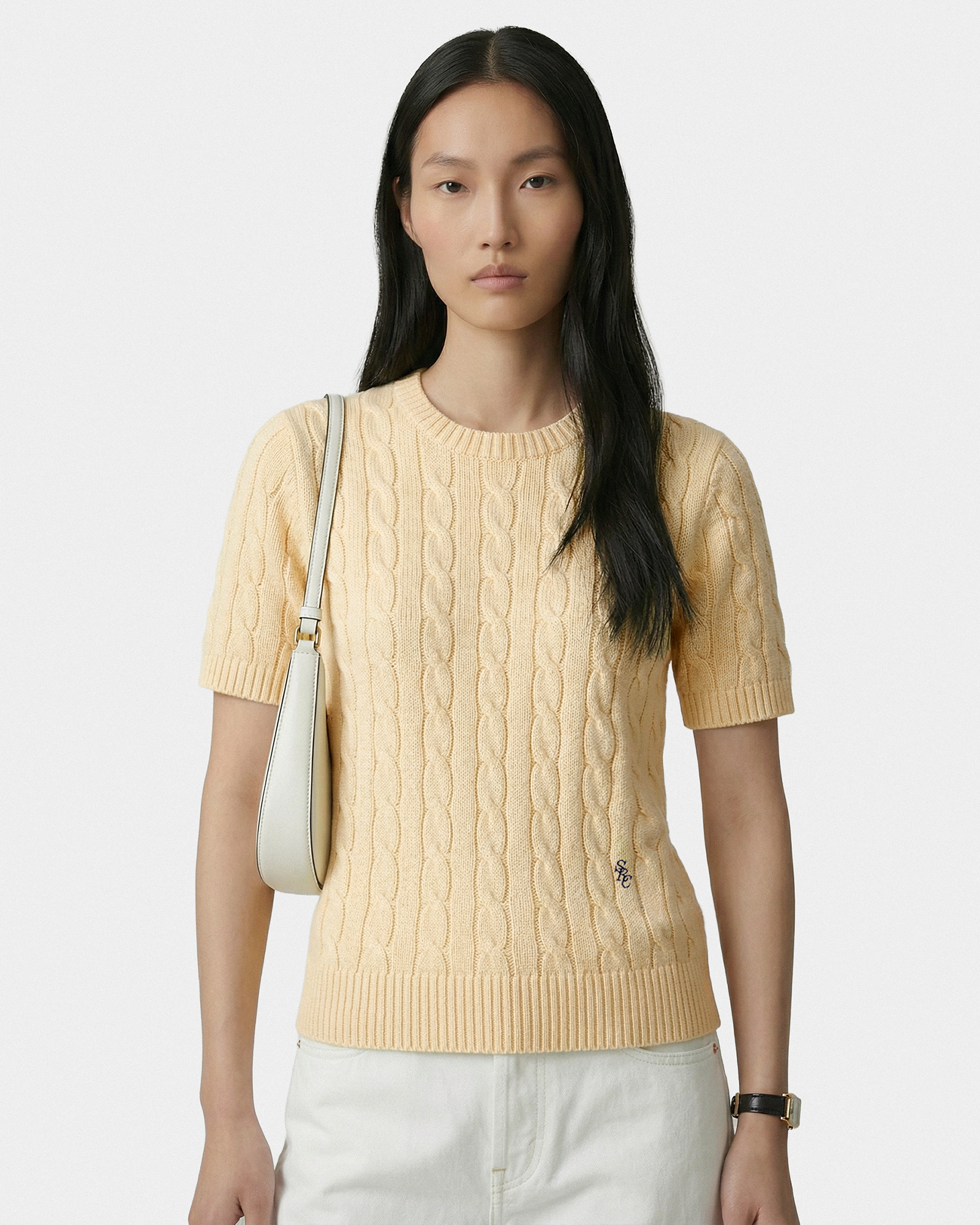 Pull en coton SRC à mailles torsadées - Amande/Bleu marine