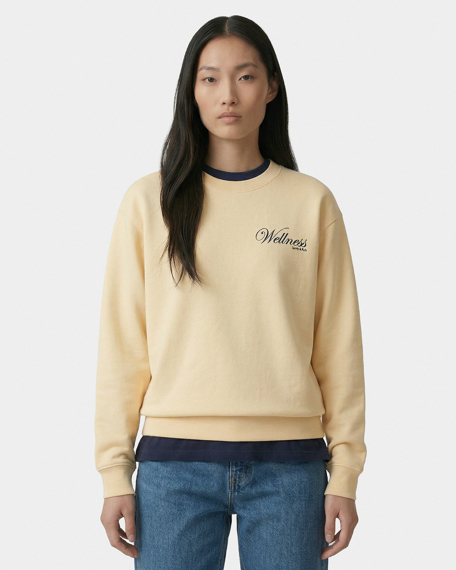 Pull à col rond Avenue - Amande/Bleu marine