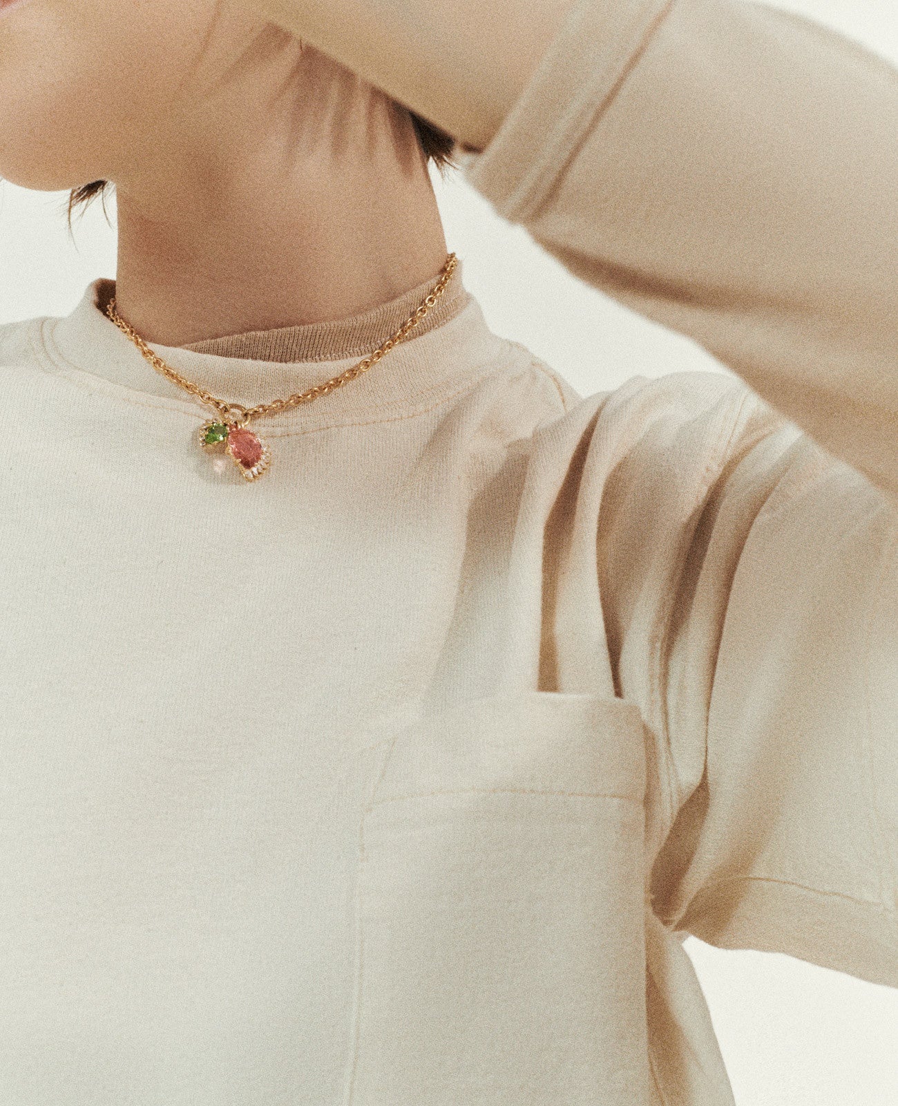 Collier Sun N°2 en or jaune sertie de diamant - Tourmaline rose & verte