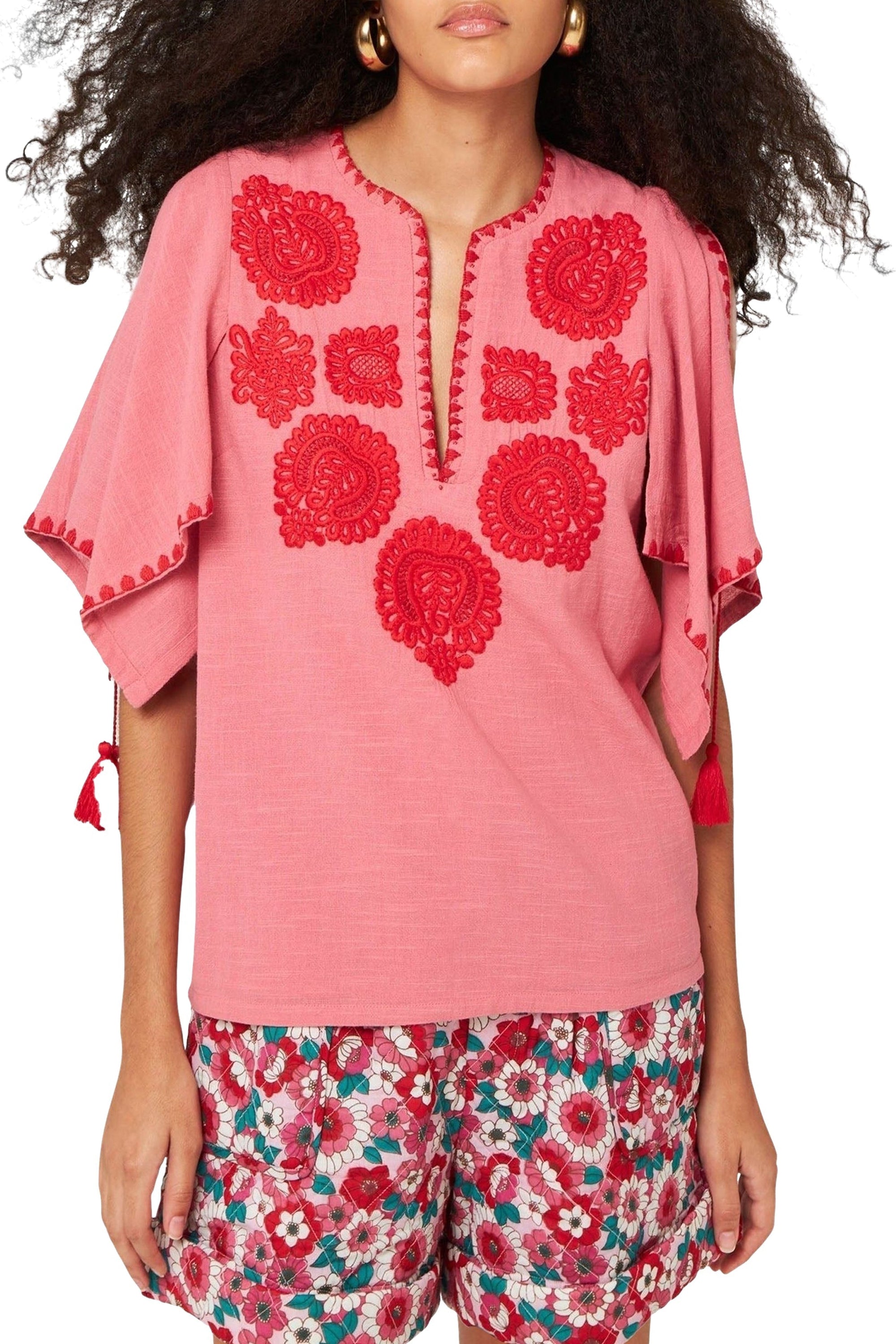 Blouse brodée Tiki - Corail