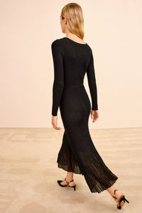 Robe midi Zeda à manches longues et col V - Noir