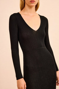 Robe midi Zeda à manches longues et col V - Noir