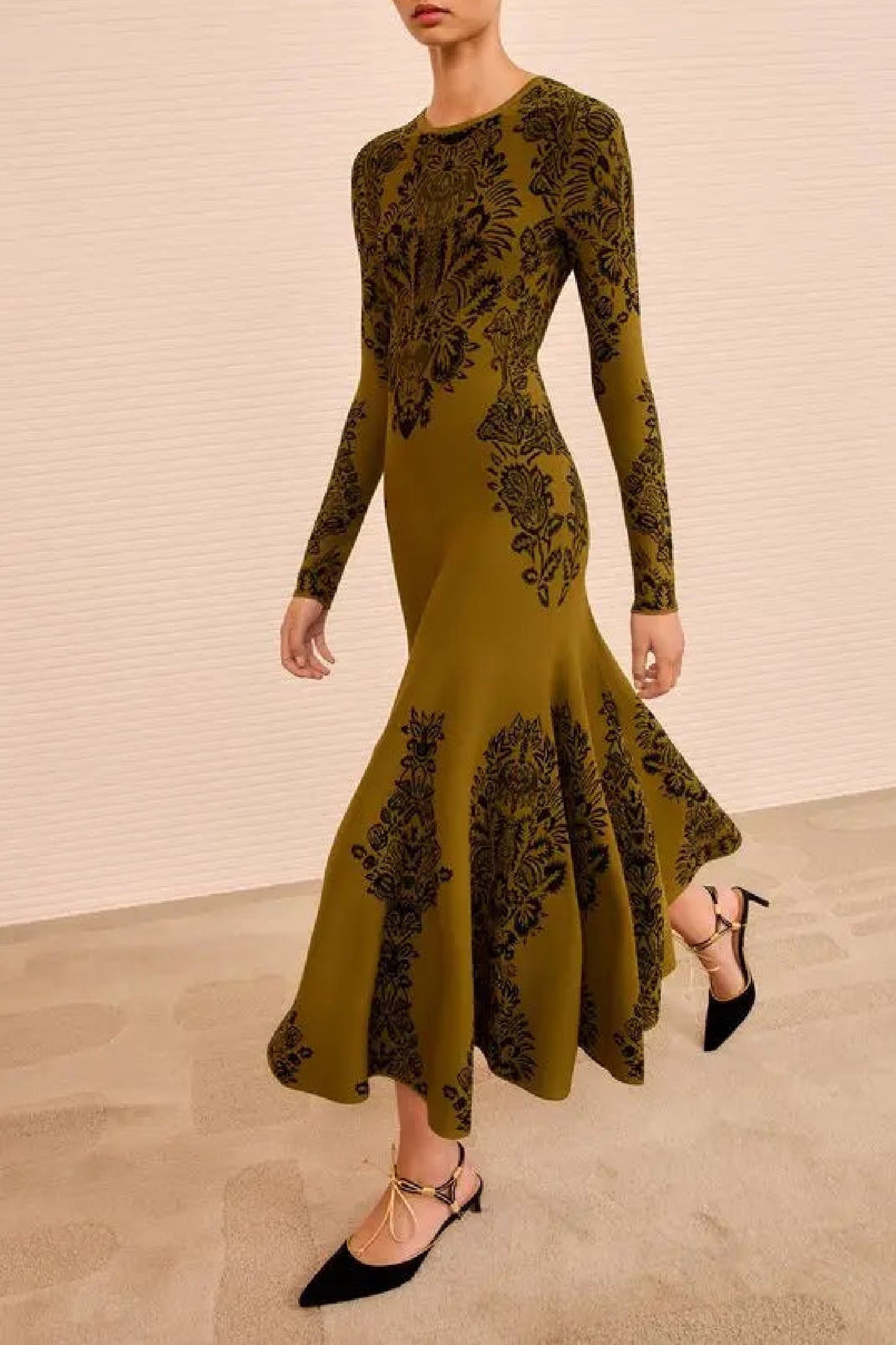Robe Callista à motif jacquard et manches longues - Olive