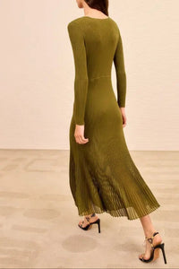 Robe midi Zeda à manches longues et col V - Olive