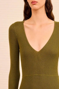 Robe midi Zeda à manches longues et col V - Olive