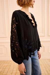 Blouse Adonis à manches longues ornée d’appliqués en soie - Noir
