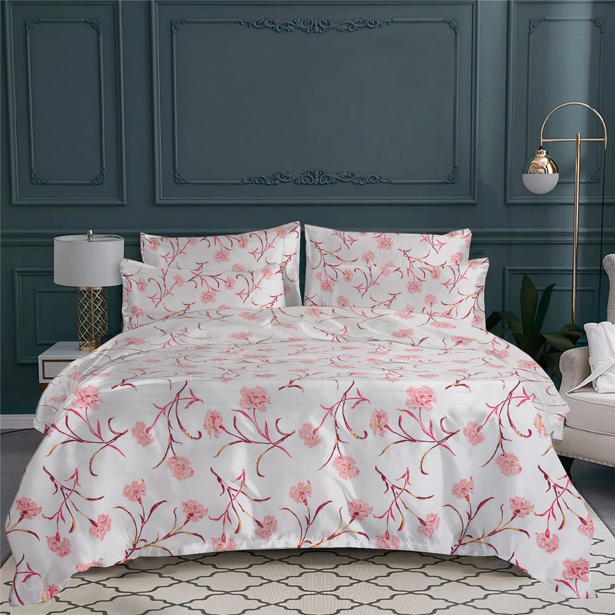 Housse de couette Œillet en satin de coton - Rose, Aubergine & Or