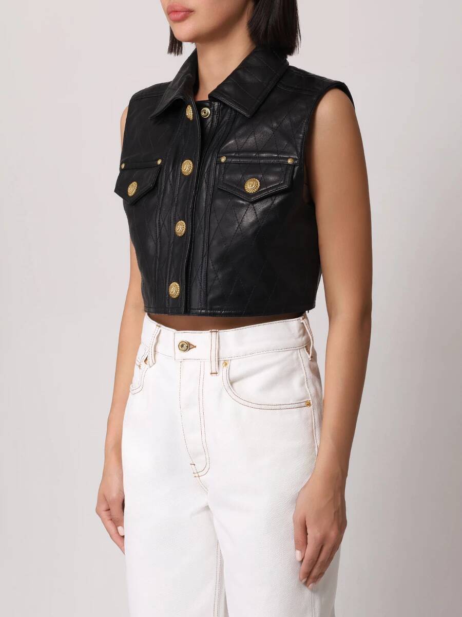 Short quilted leather jacket - Black