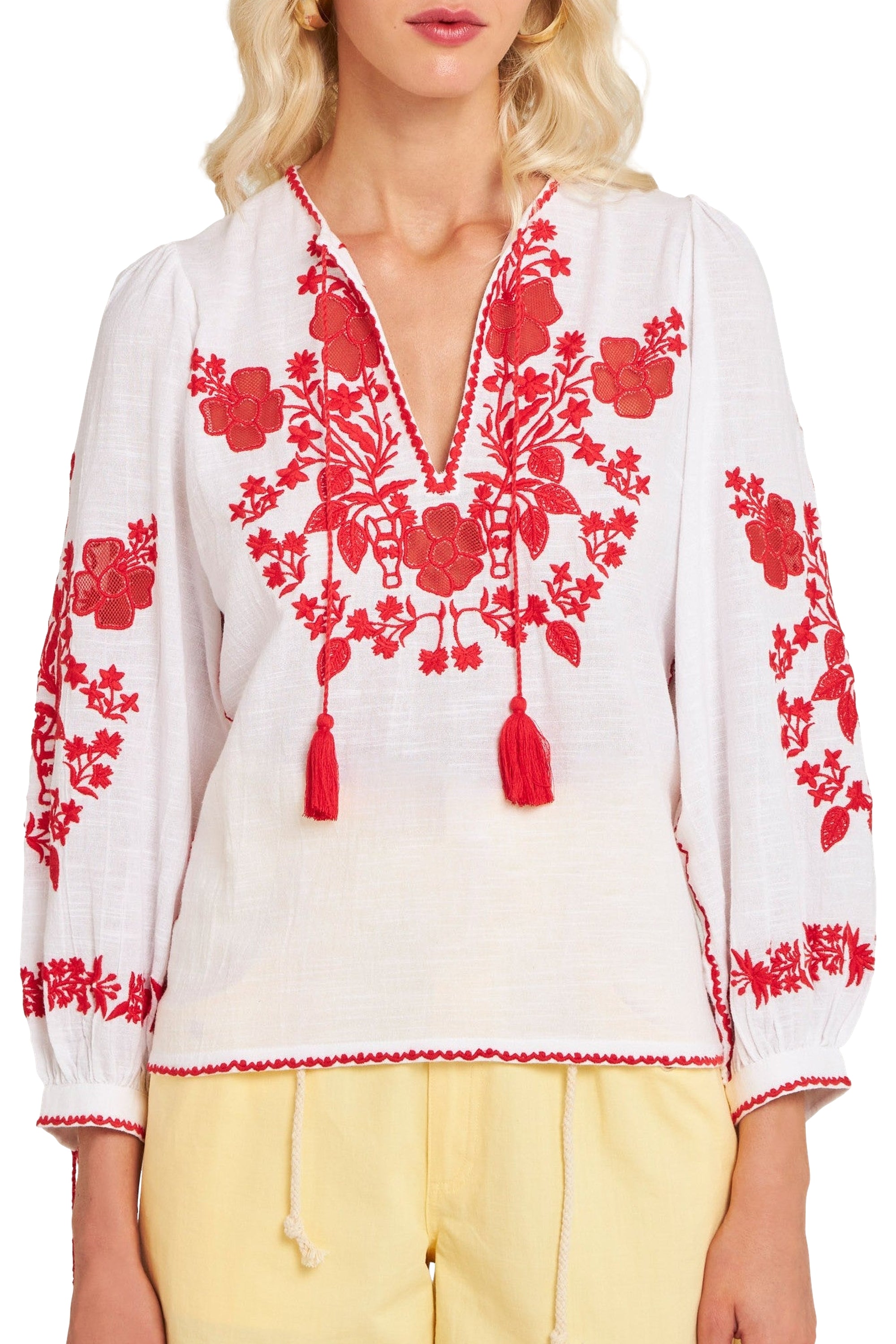 Blouse brodée Vani - White-Red