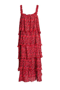 Robe midi en georgette plissée avec bretelles à volants - Racing Red