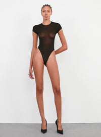 Sheer Cap Sleeve Bodysuit - Black