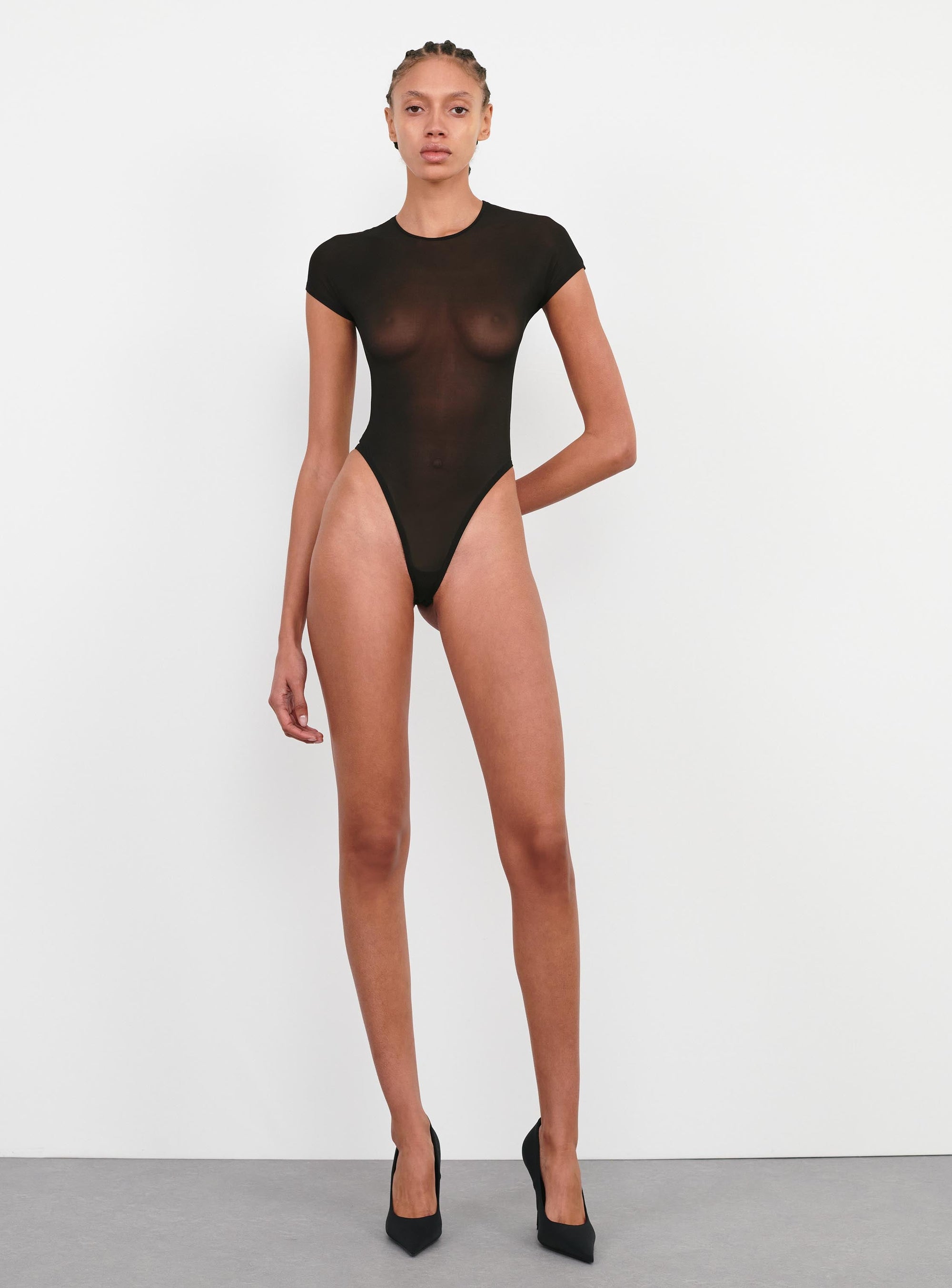 Sheer Cap Sleeve Bodysuit - Black