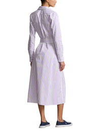 Belted cotton striped shirt-dress - White & Purple