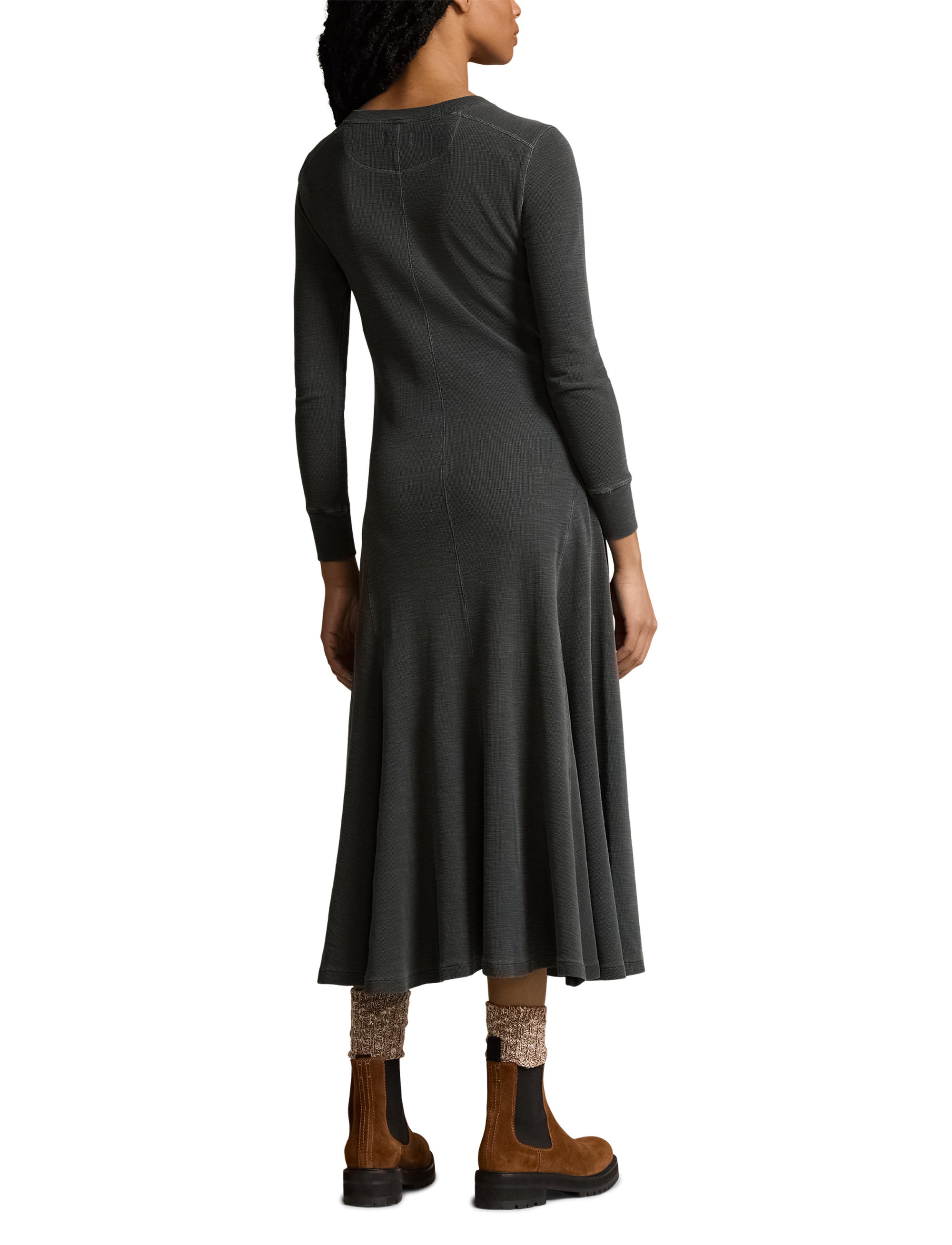 Henley dress in waffle knit - Pebble Black