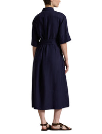 Belted silk and blended shirt-dress - New Navy