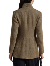 Linen and silk blend herringbone mock neck jacket - Brown & Cream Herringbone