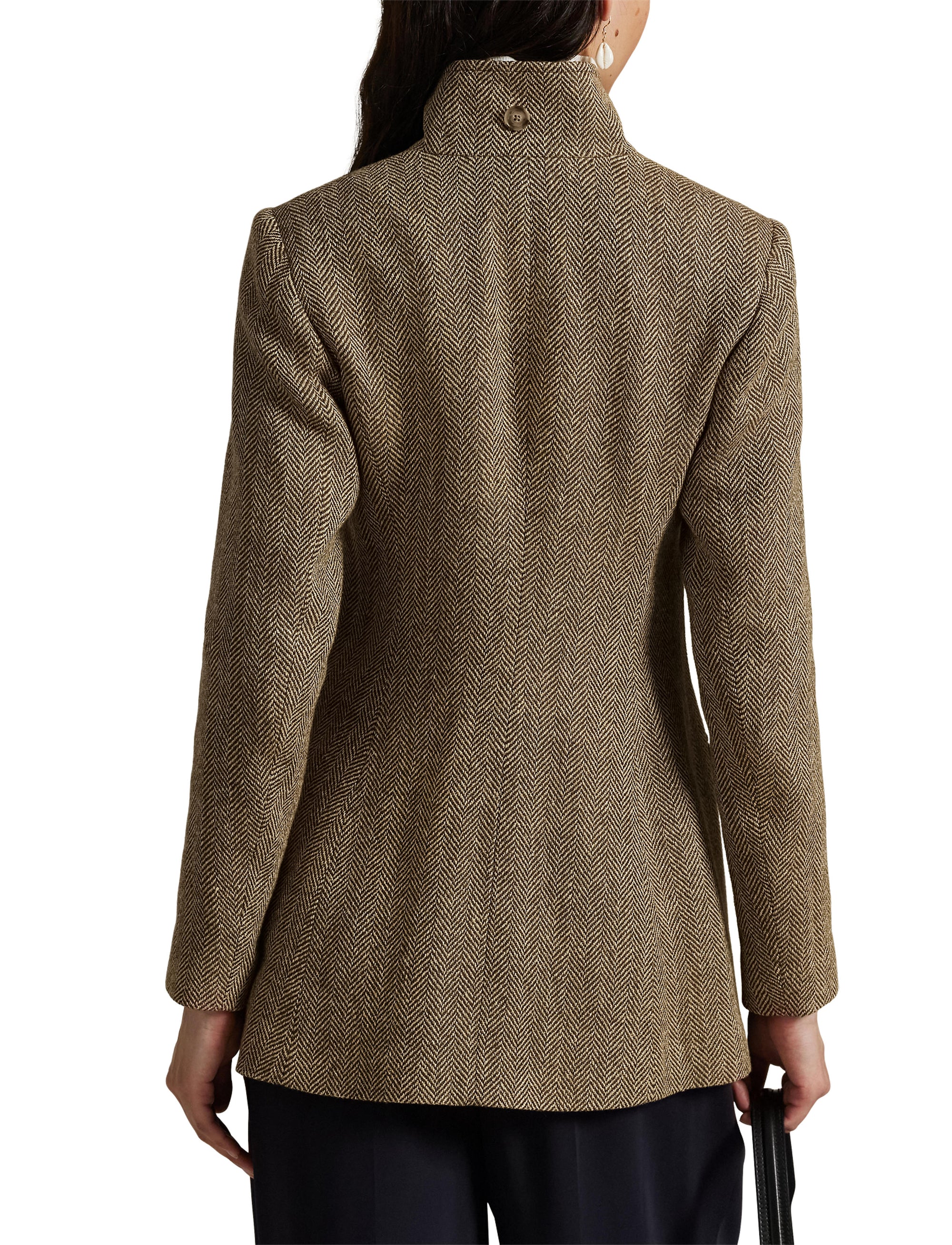 Linen and silk blend herringbone mock neck jacket - Brown & Cream Herringbone