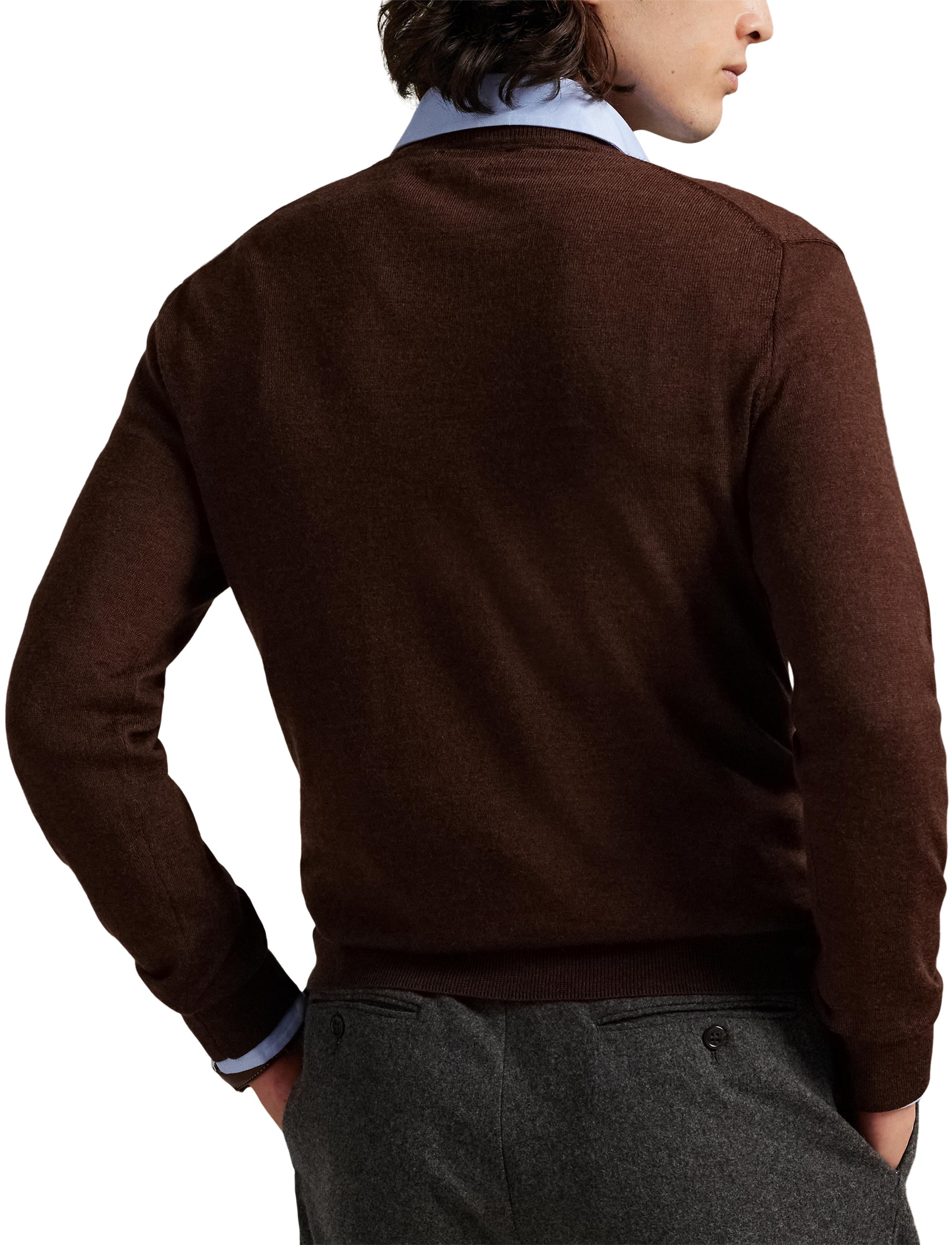 Pull col rond lavable Slim Fit en laine - Burnt Brown Melange