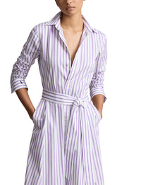 Belted cotton striped shirt-dress - White & Purple