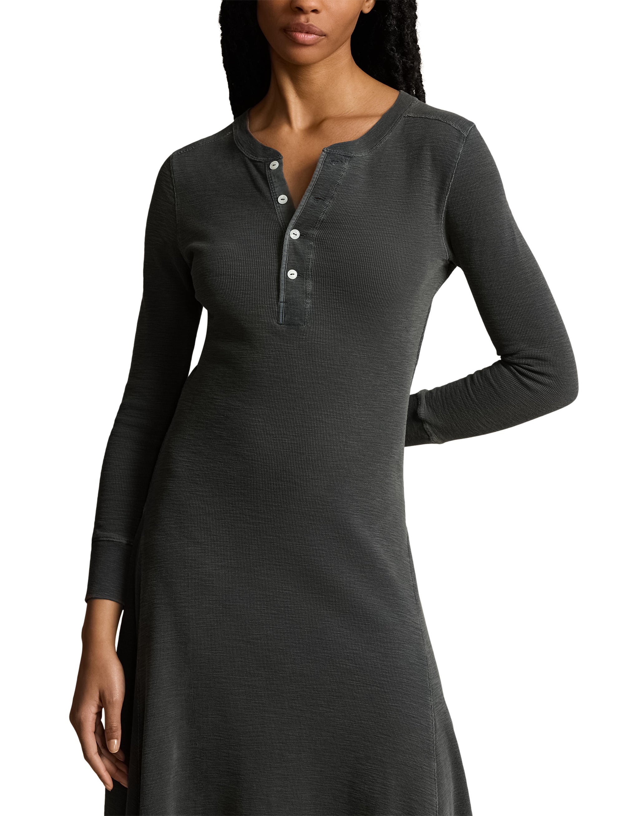 Henley dress in waffle knit - Pebble Black