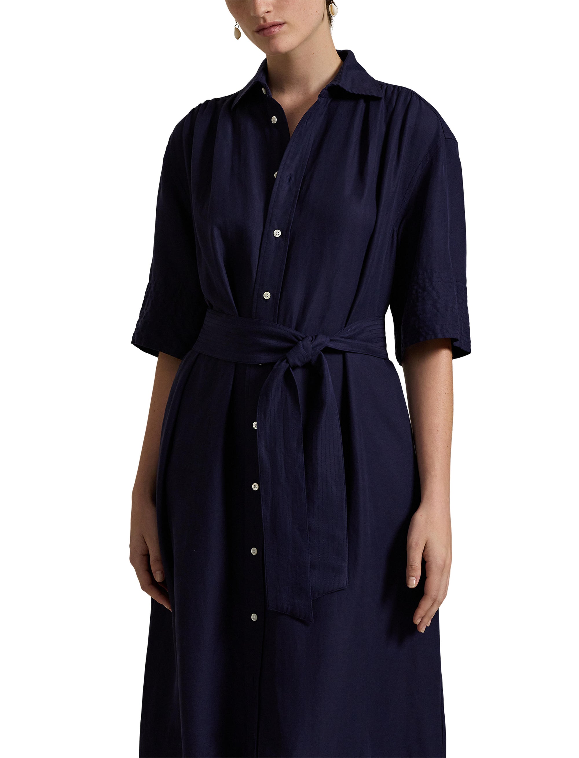 Belted silk and blended shirt-dress - New Navy