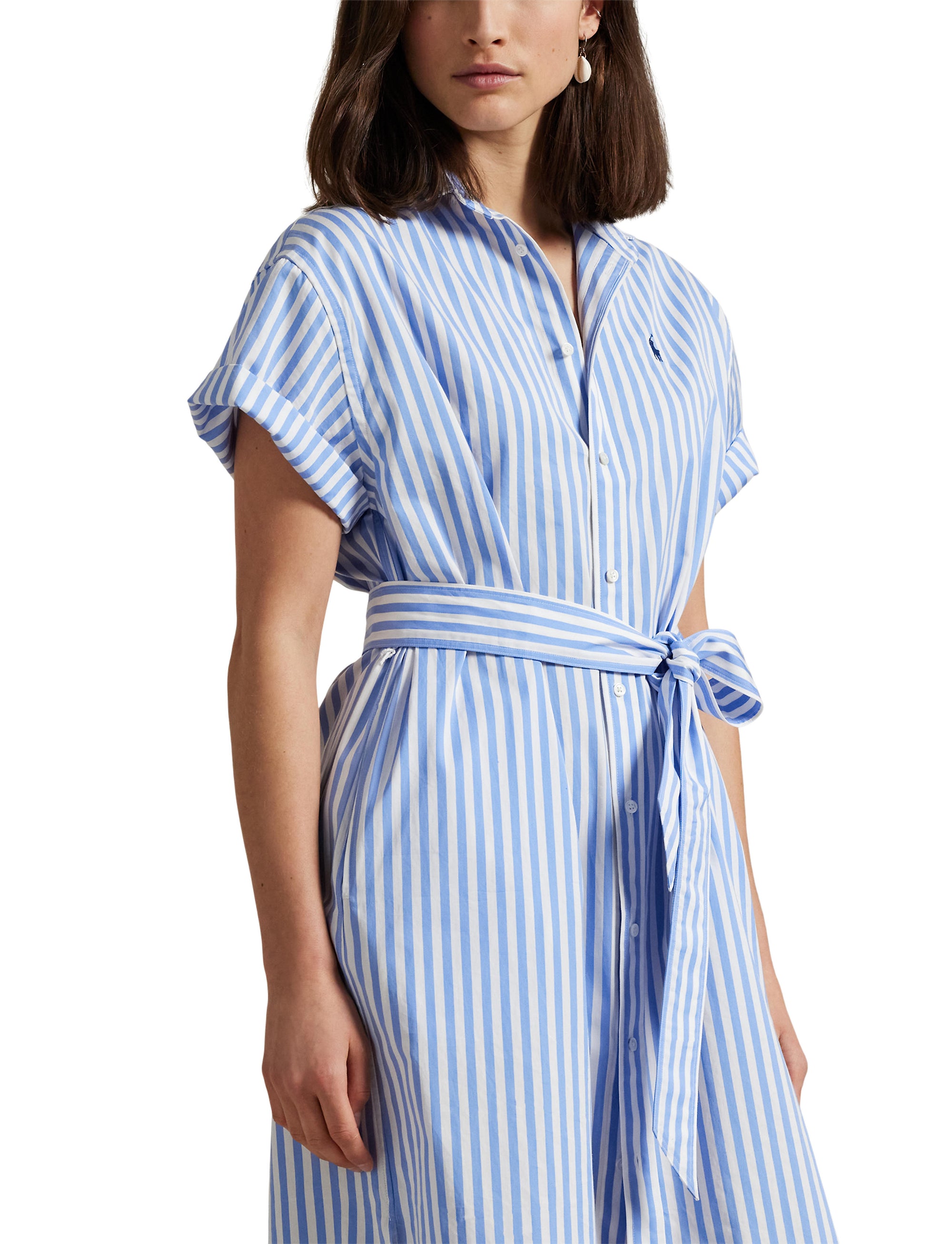 Robe-chemise ceinturée en coton rayé  - Blue & White Stripe