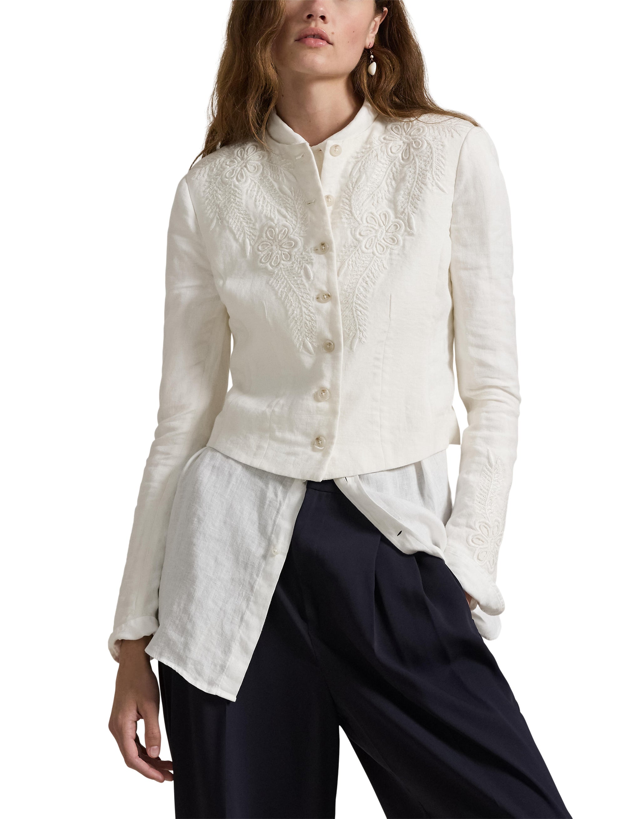Veste à broderie fleurie en lin - Cream