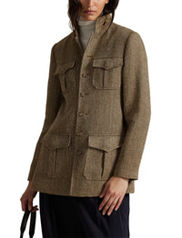 Linen and silk blend herringbone mock neck jacket - Brown & Cream Herringbone