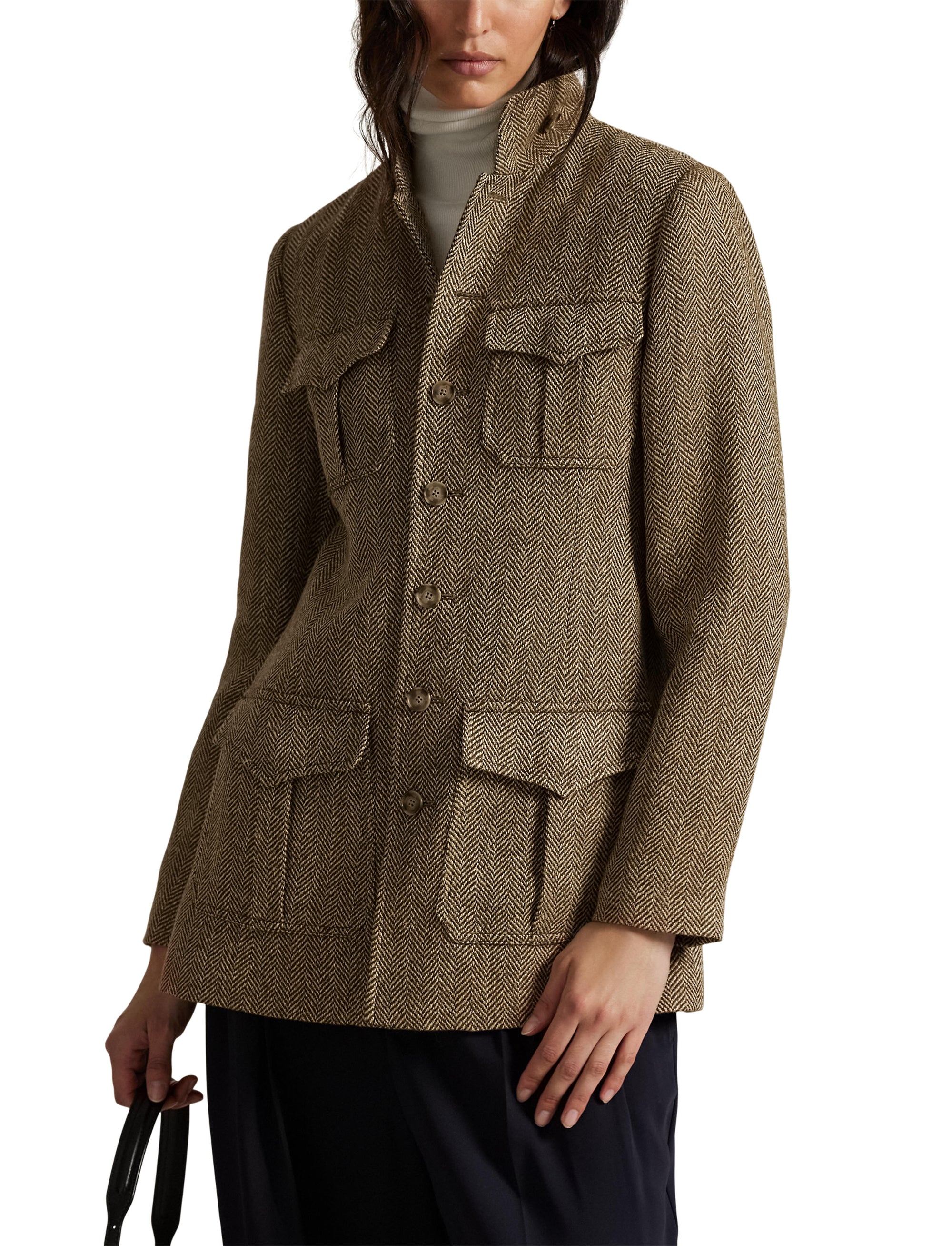 Linen and silk blend herringbone mock neck jacket - Brown & Cream Herringbone