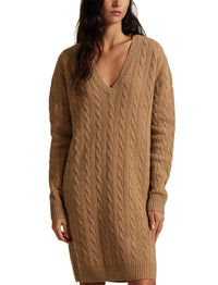 Robe-pull torsadée col V en laine et cachemire mélangé - Collection Camel Melange