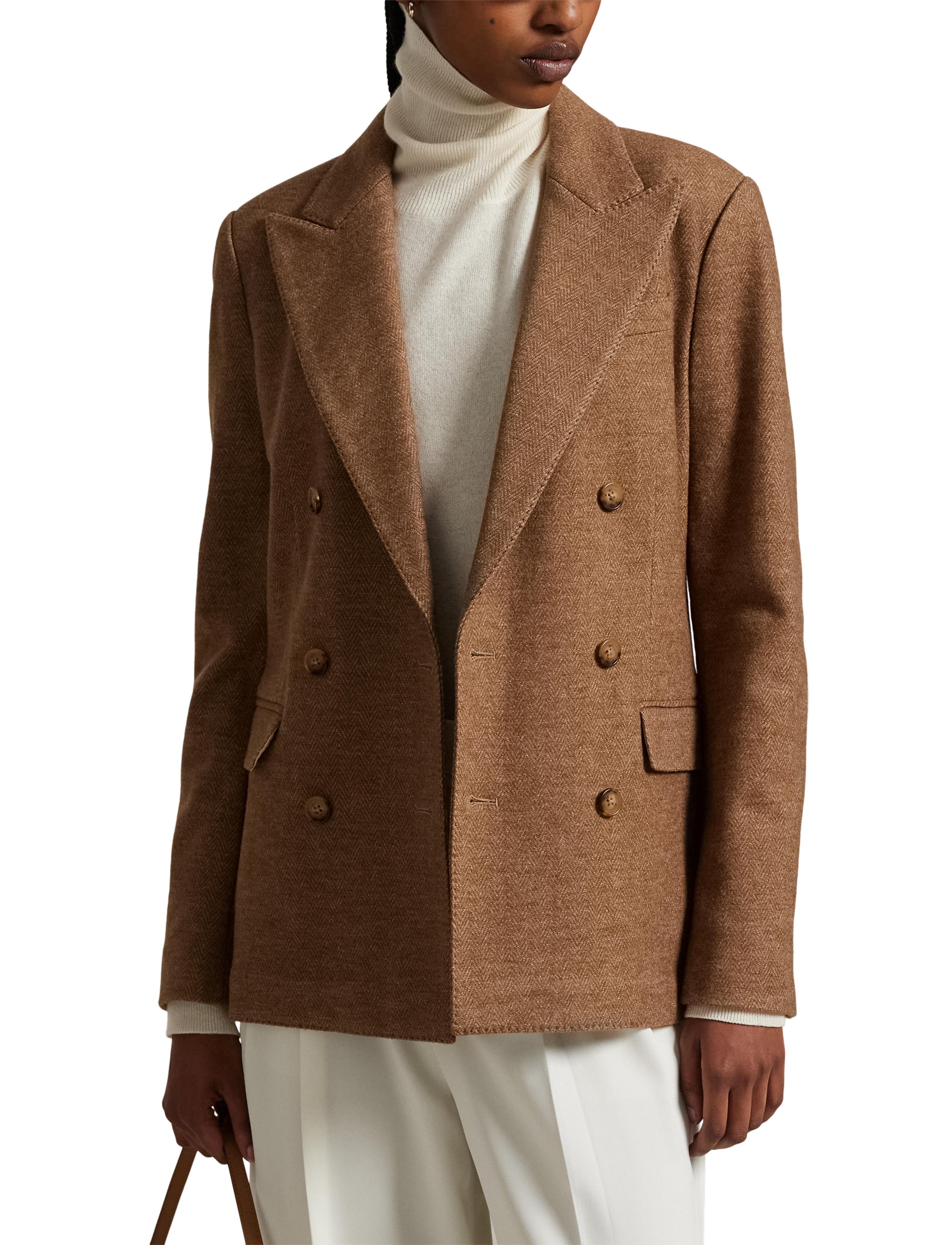 Blazer croisé à chevrons en laine - Tan Herringbone