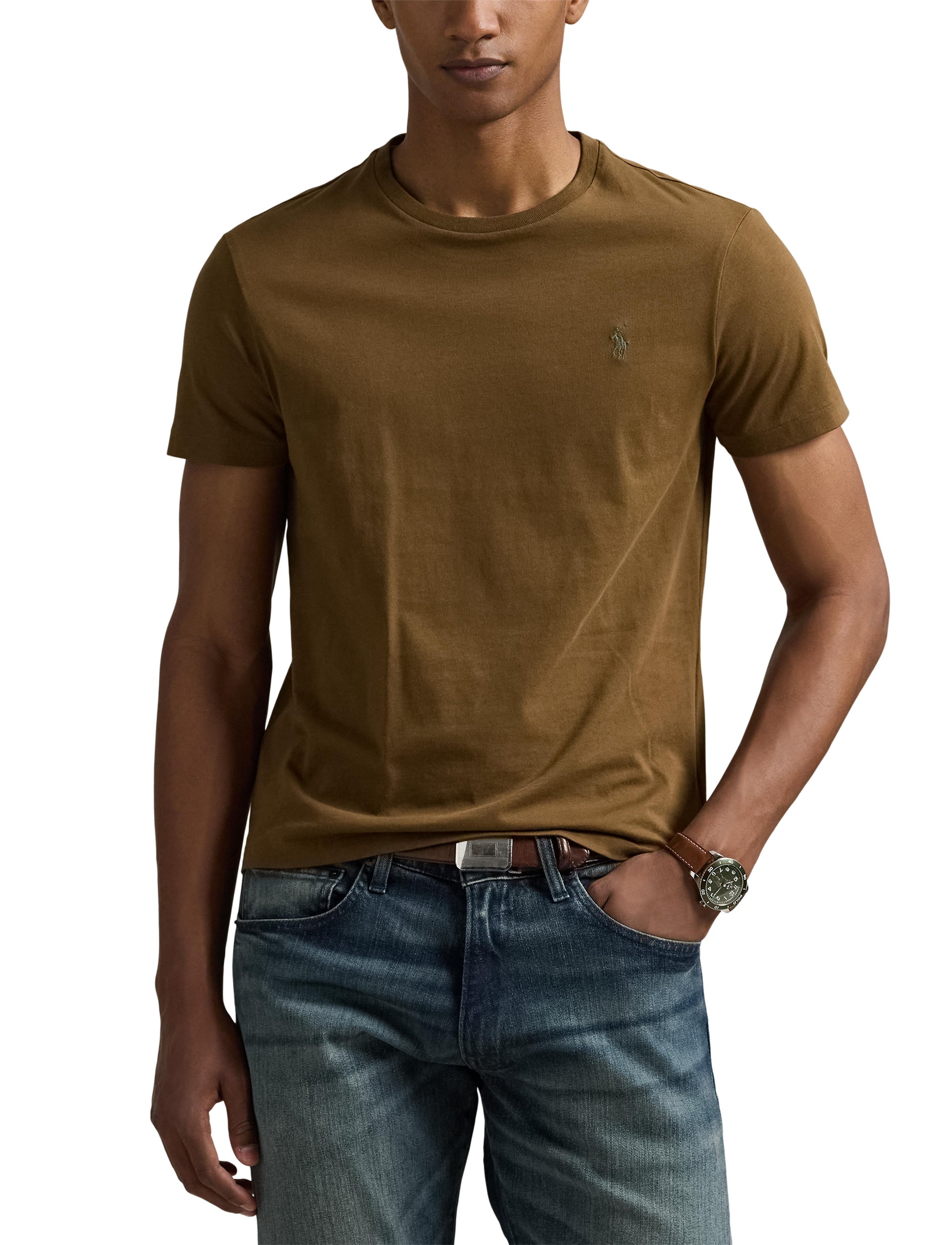 T-shirt col rond jersey Custom Slim Fit - Nature Brown