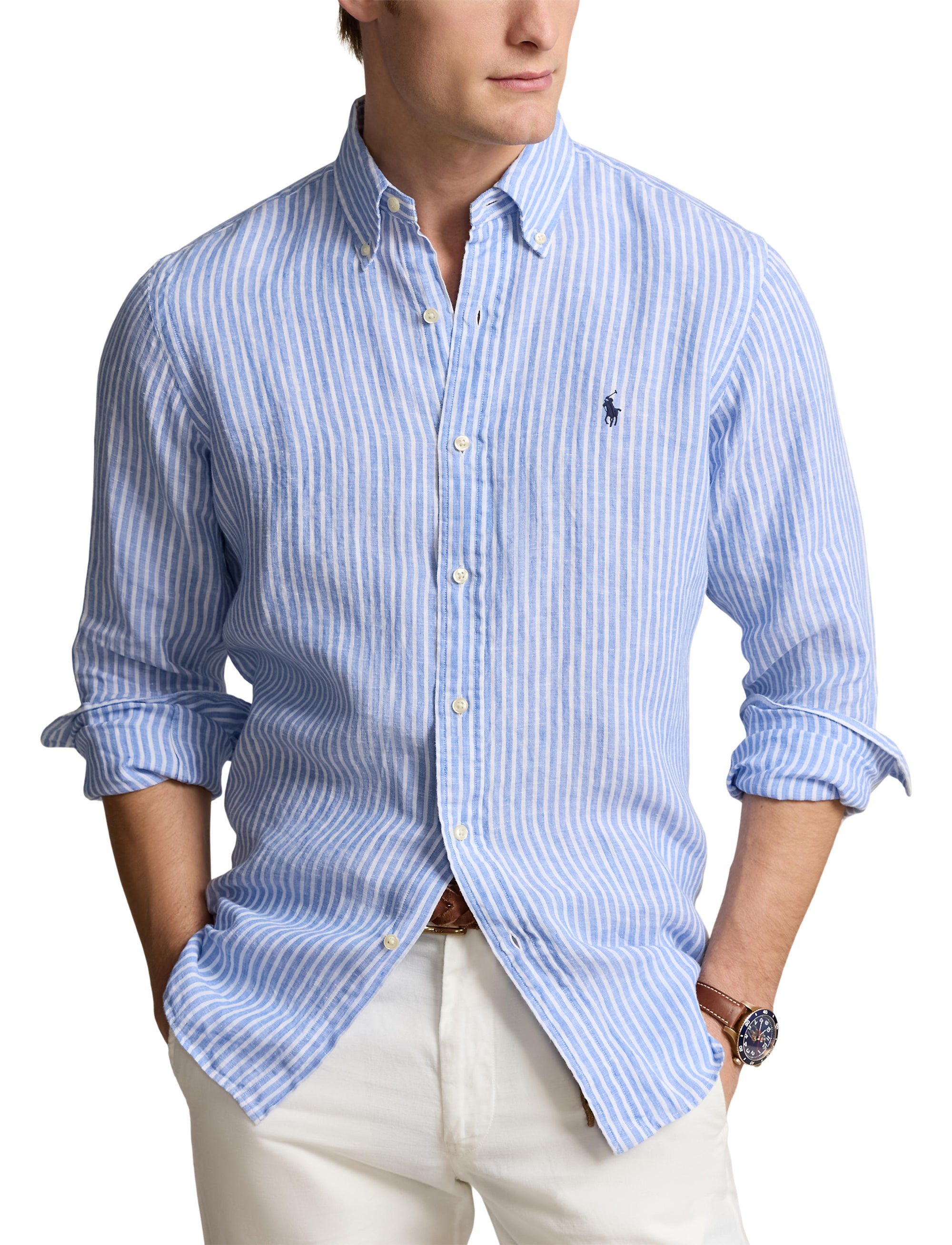 Chemise rayée Custom Fit en lin - Blue & White