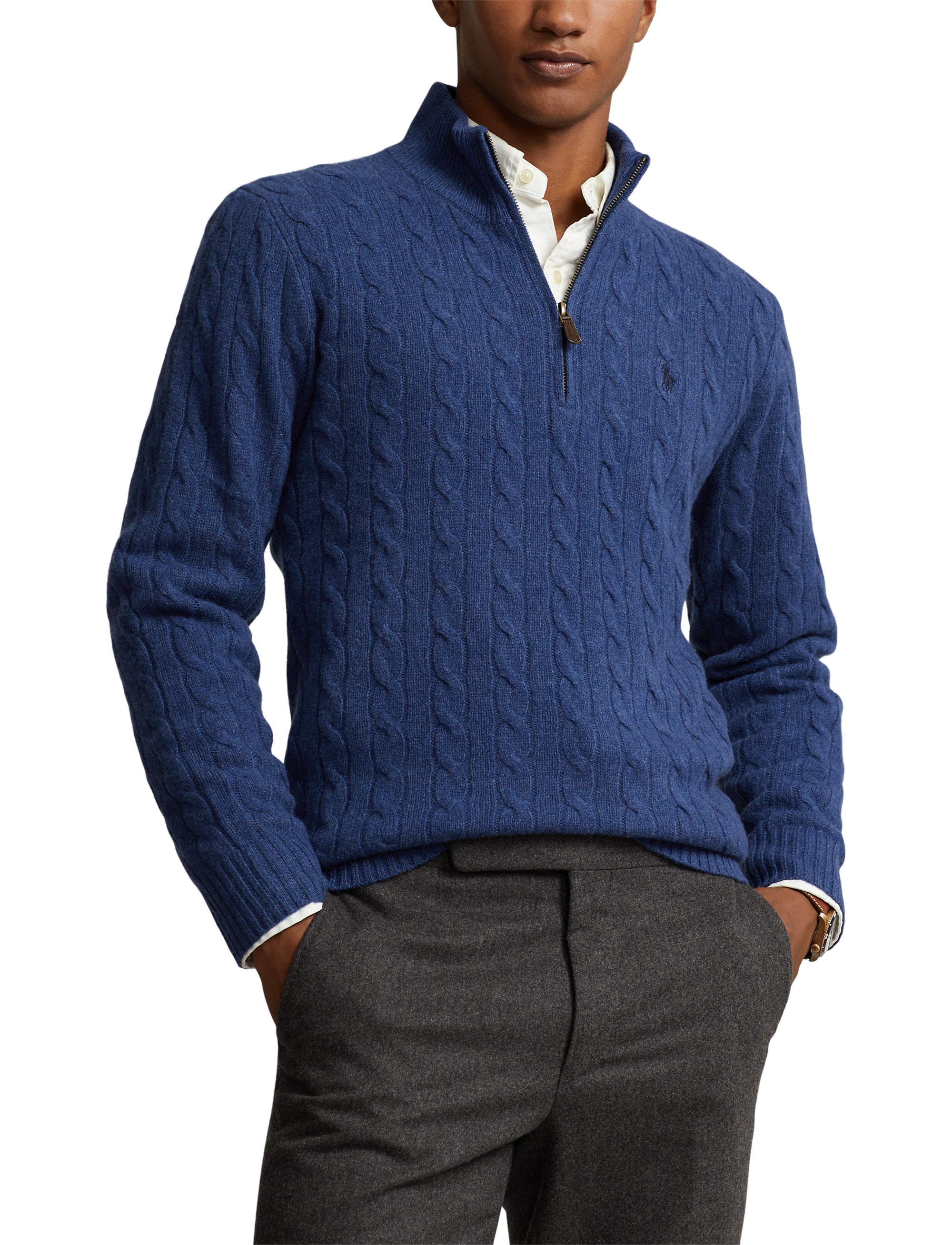 Pull torsadé demi-zippé en laine - Rustic Navy Heather