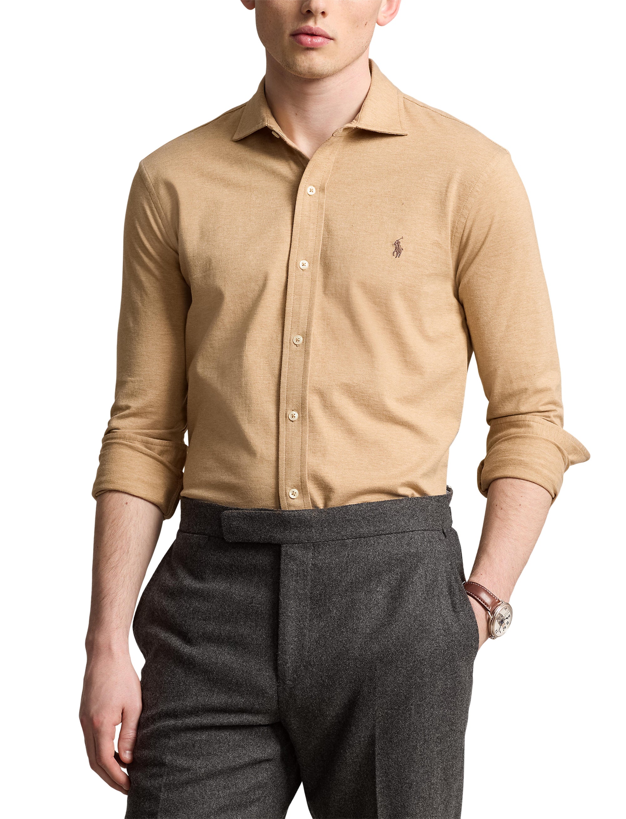 Chemise à col évasé en jersey  - Classic Camel Hthr