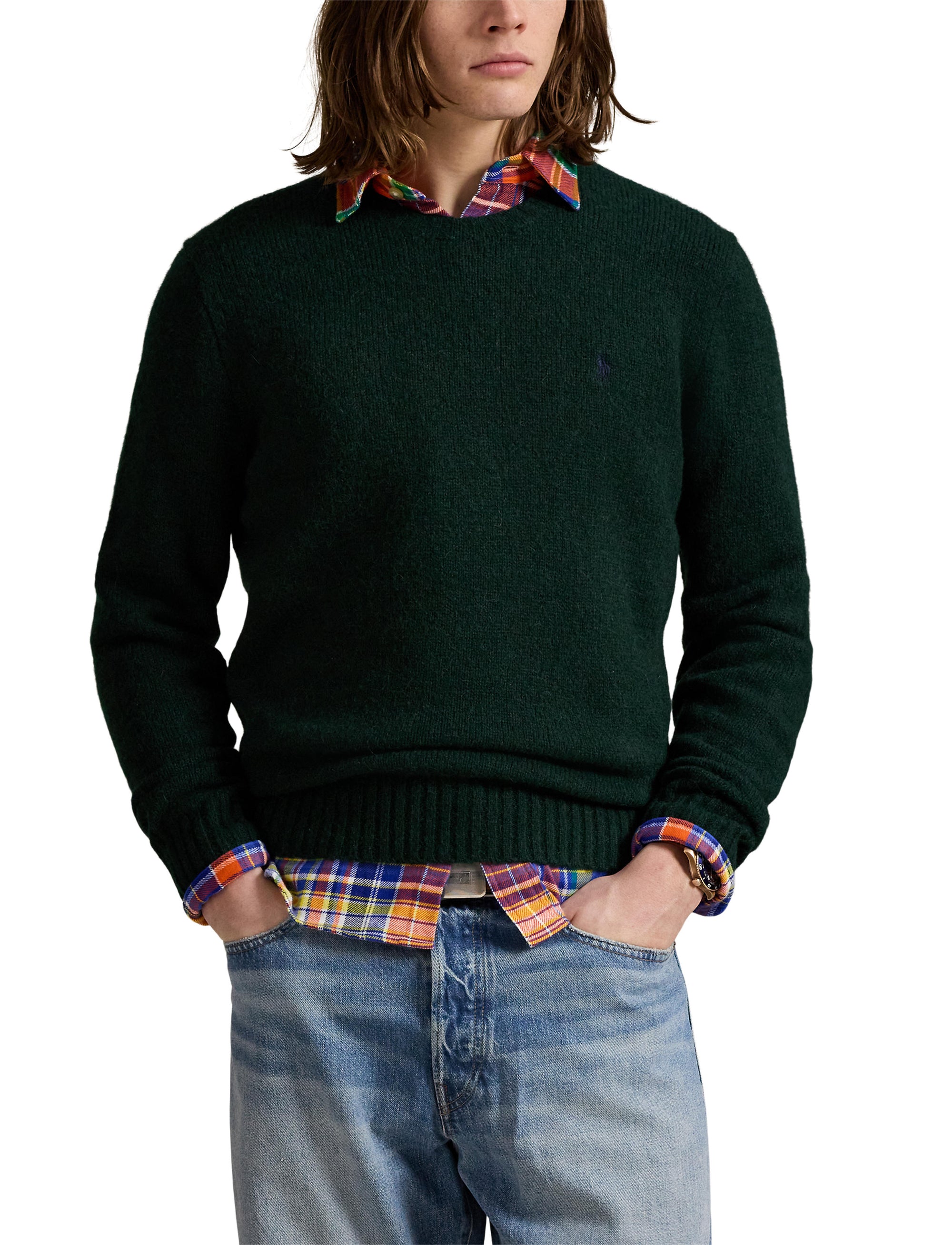 Pull col rond texturé en laine - Moss Agate