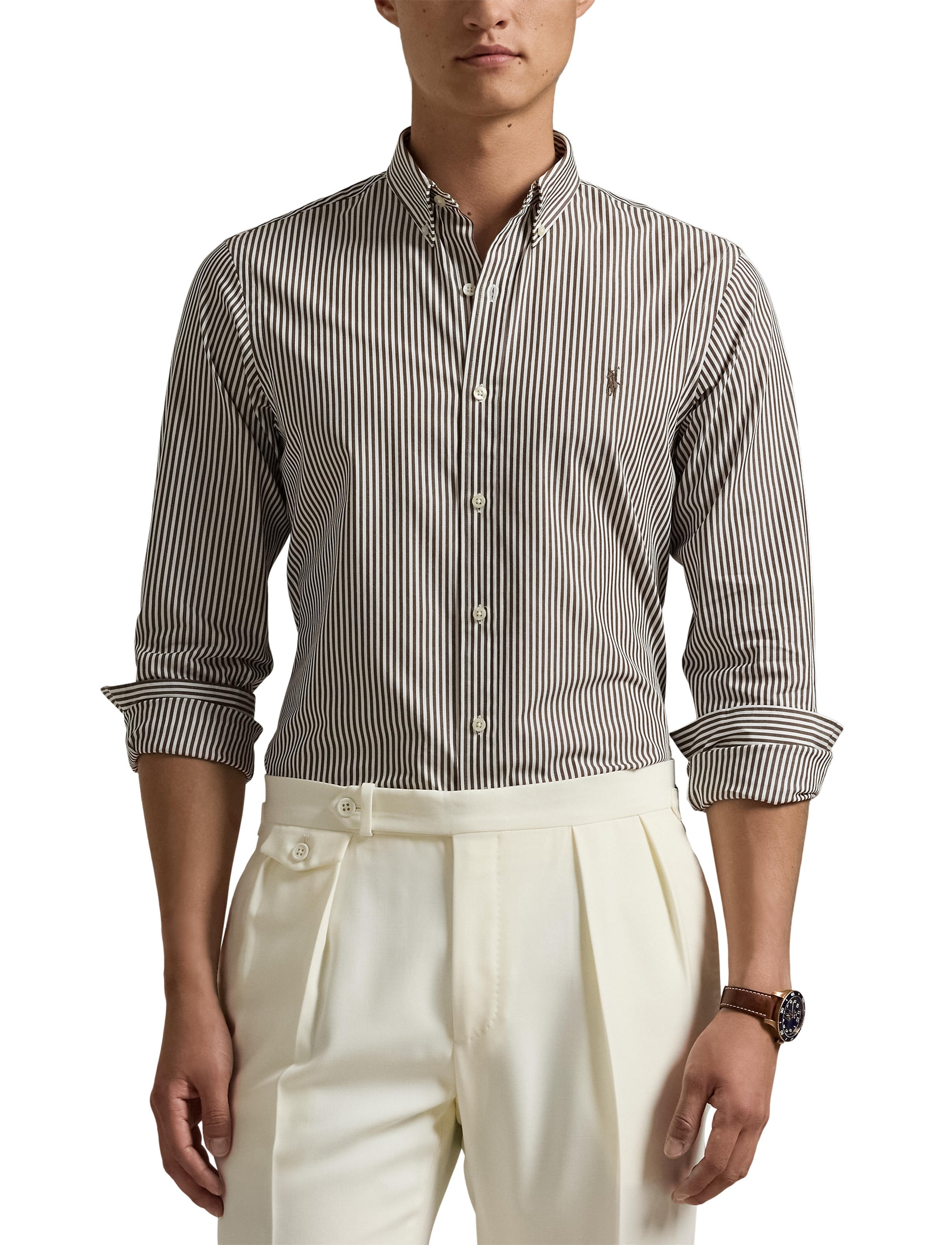 Chemise rayée Custom Fit popeline - Cooper Brown & White