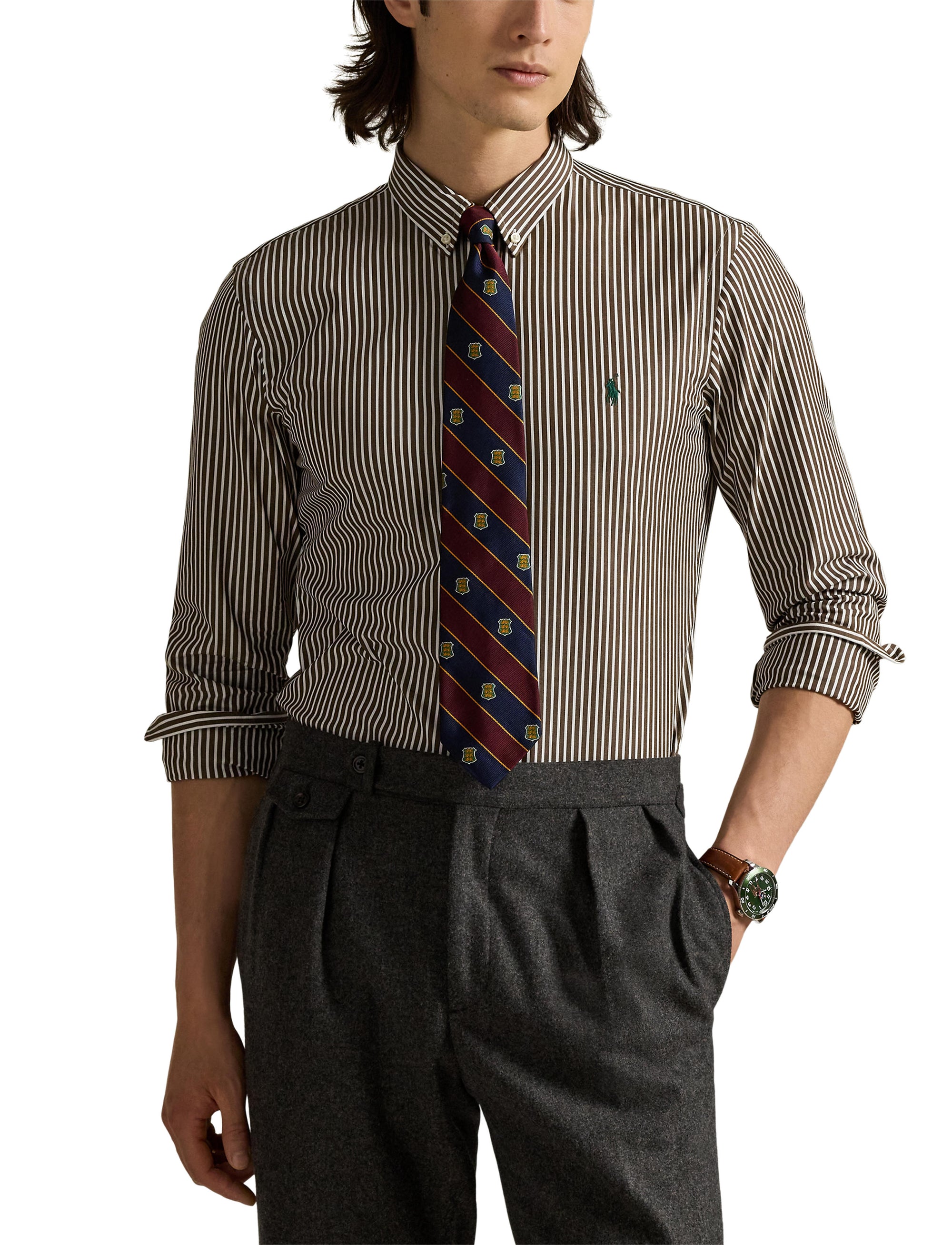 Chemise rayée Custom Fit popeline - Copper Brown & White